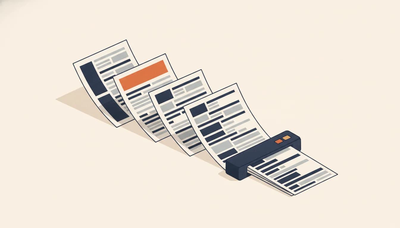 Vier Lebenslauf-Vorlagen, eine mit dunkler Seitenleiste und eine mit orange markiertem Kopfbereich, laufen nacheinander durch einen flachen Scanner und kommen als Stapel aus Textbalken heraus