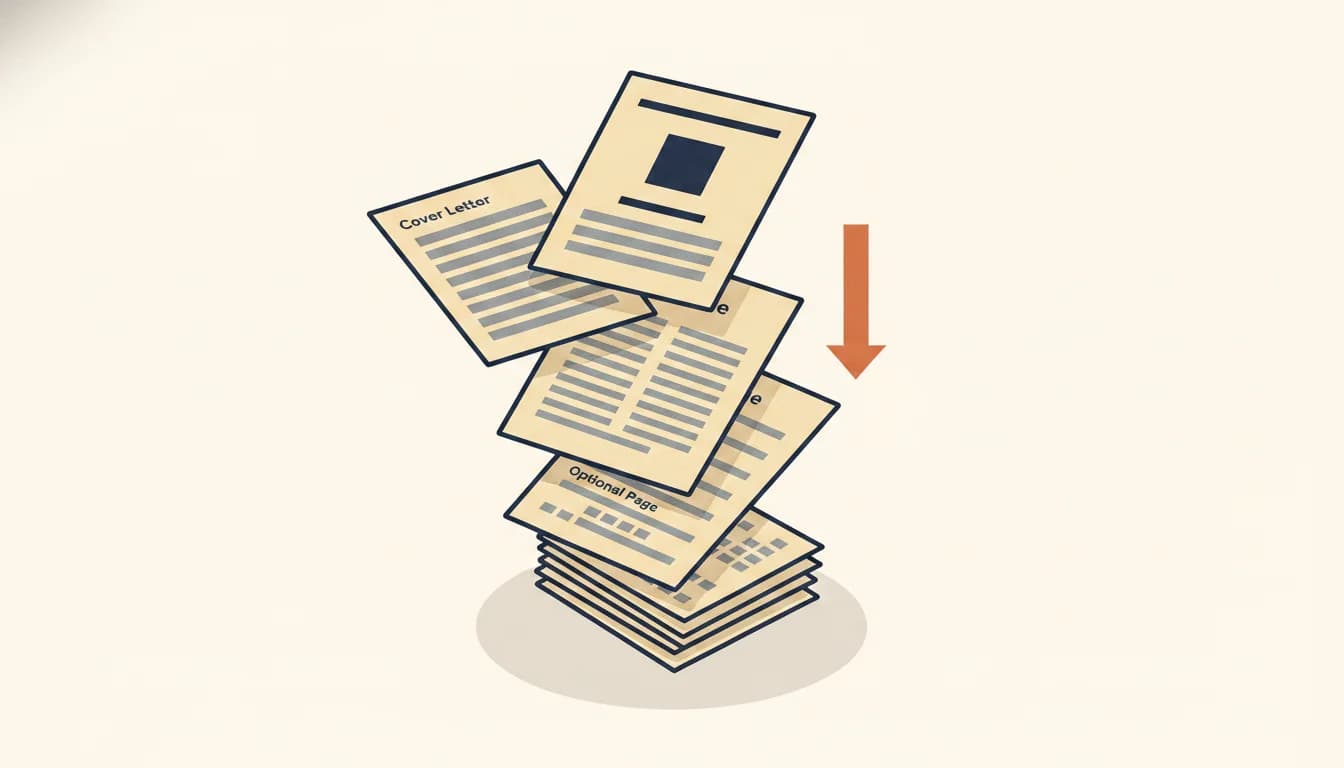 Vertikaler Stapel aus fünf abstrakten Dokumentseiten in korrekter Reihenfolge: Anschreiben oben, Deckblatt, Lebenslauf, dritte Seite, Anlagen unten