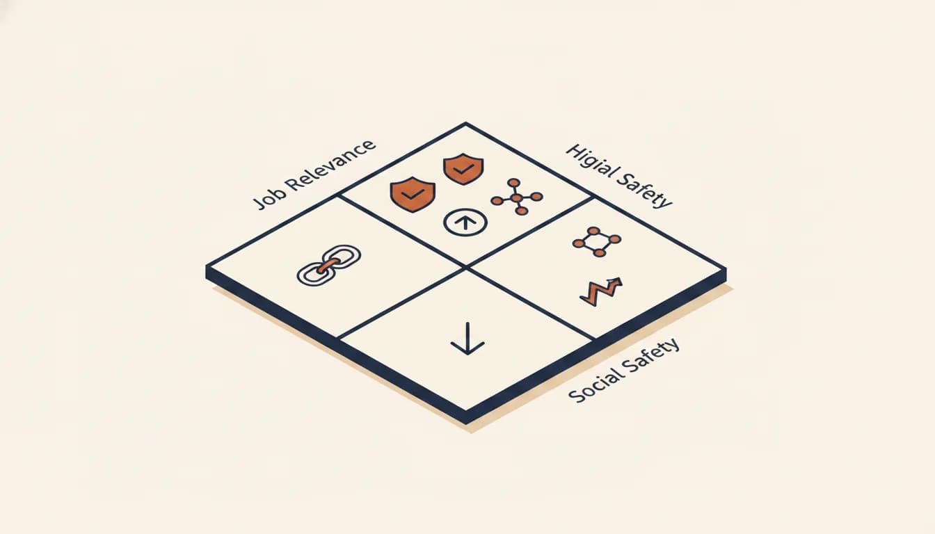 Eine 2x2-Matrix, die Hobbys nach Job-Mehrwert und AGG-Risiko einsortiert, mit drei begünstigten und drei riskanten Quadranten
