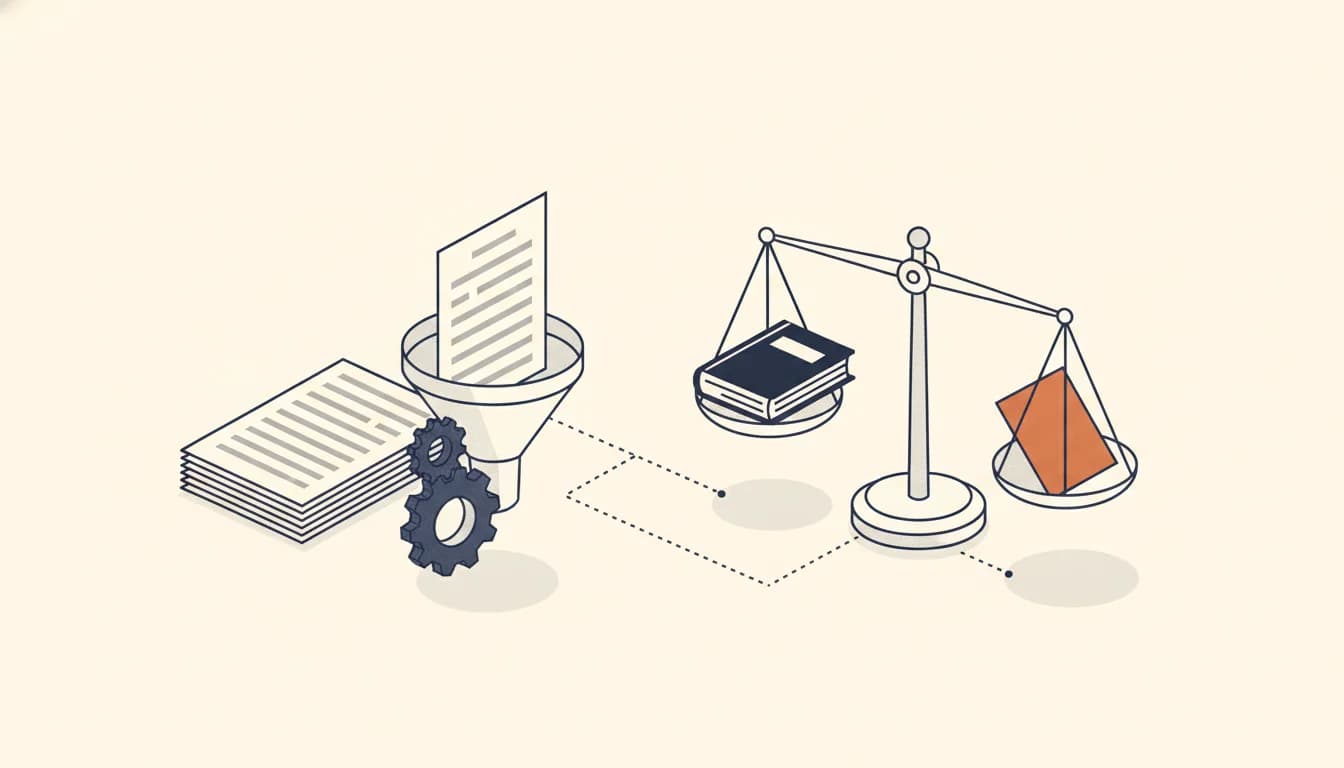 Ein Stapel Bewerbungsseiten läuft in einen Trichter aus Zahnrädern, daneben wiegt eine Waage ein Gesetzbuch gegen eine orange markierte Bewerbungsseite auf