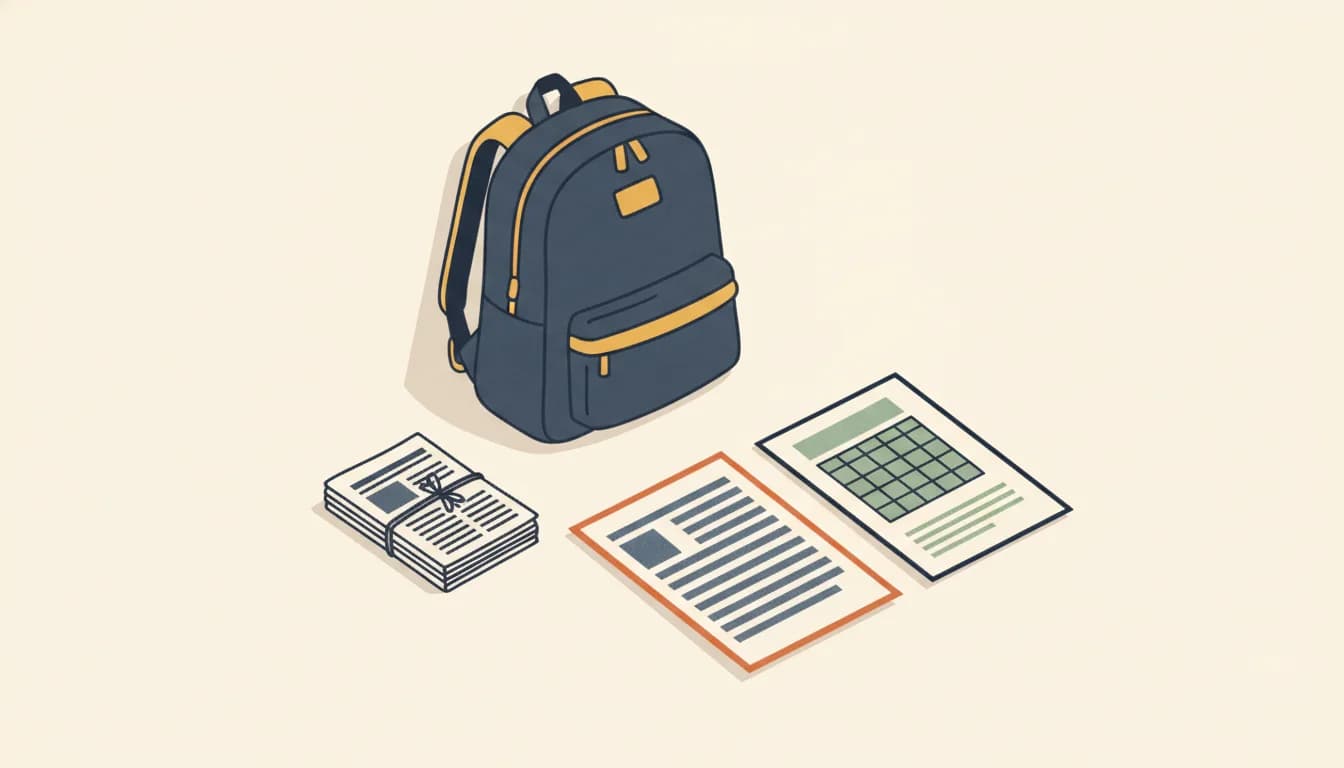 Ein Schulrucksack, davor ein verschnürter Stapel Zeitungen, eine orange umrandete Lebenslaufseite aus grauen Textzeilen und ein Zeugnisblatt mit einem Notenraster