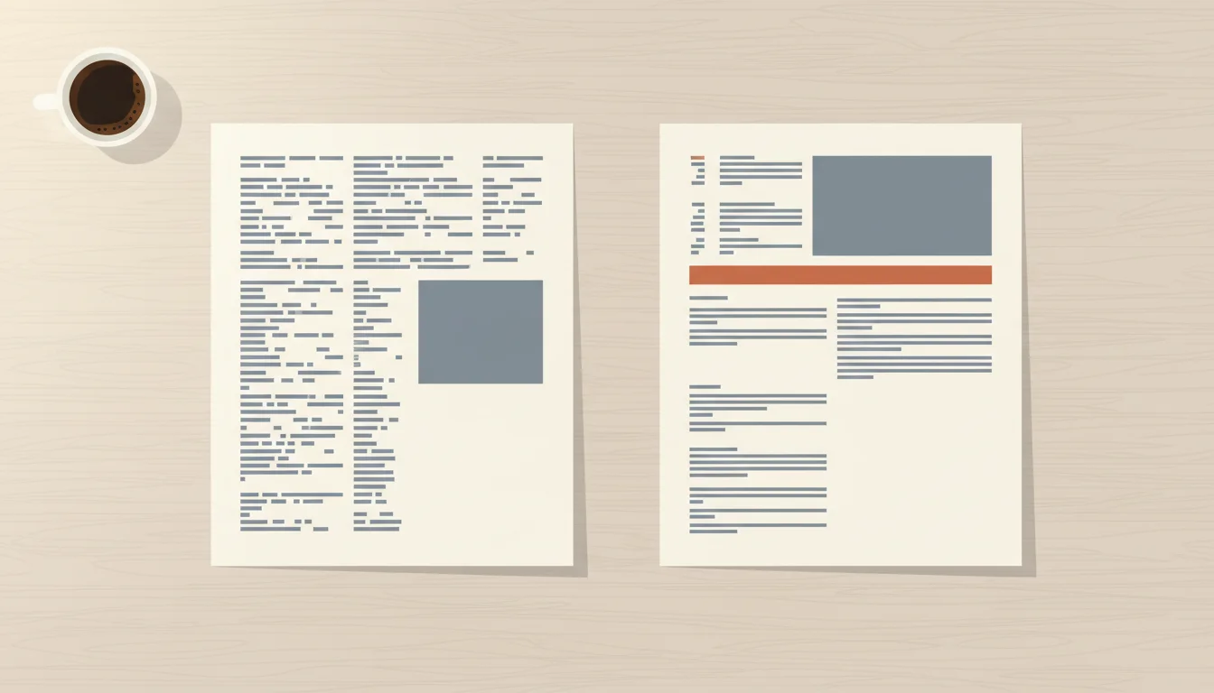 Zwei DIN-A4-Seiten eines tabellarischen Lebenslaufs nebeneinander auf einem Holzschreibtisch, eine mit veralteter Struktur und eine mit aktuellem Aufbau