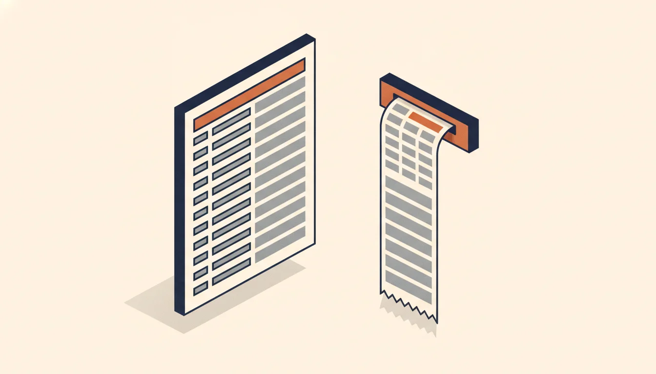 Flache Illustration einer DIN-A4-Seite mit schmaler Datumsspalte links und breiter Inhaltsspalte rechts, daneben ein Textstreifen, in dem die Datumsblöcke von ihren Einträgen getrennt herauslaufen