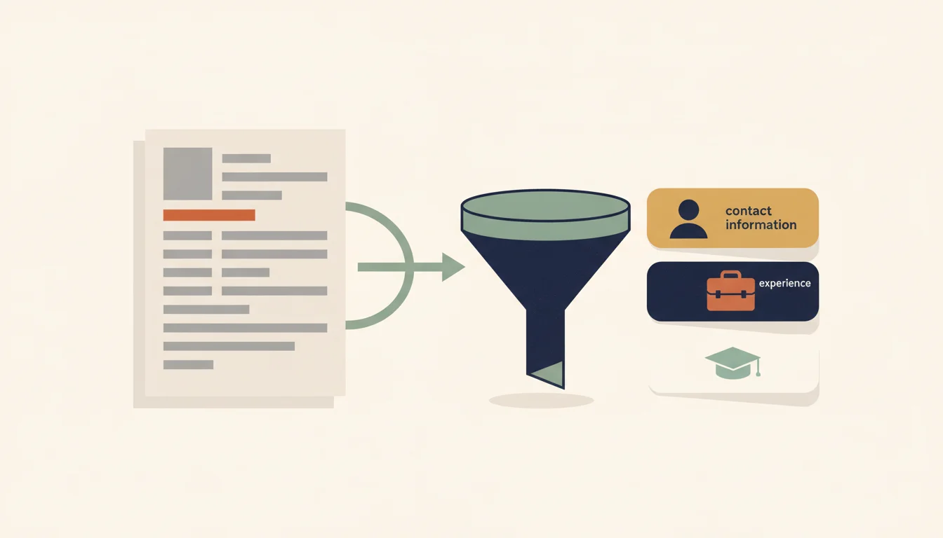 A resume document flowing into a stylized parser pipeline that extracts structured fields into a list