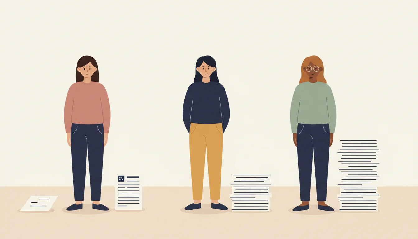 Ilustración estilizada: tres figuras adultas de pie junto a montones de documentos cuya altura crece de izquierda a derecha