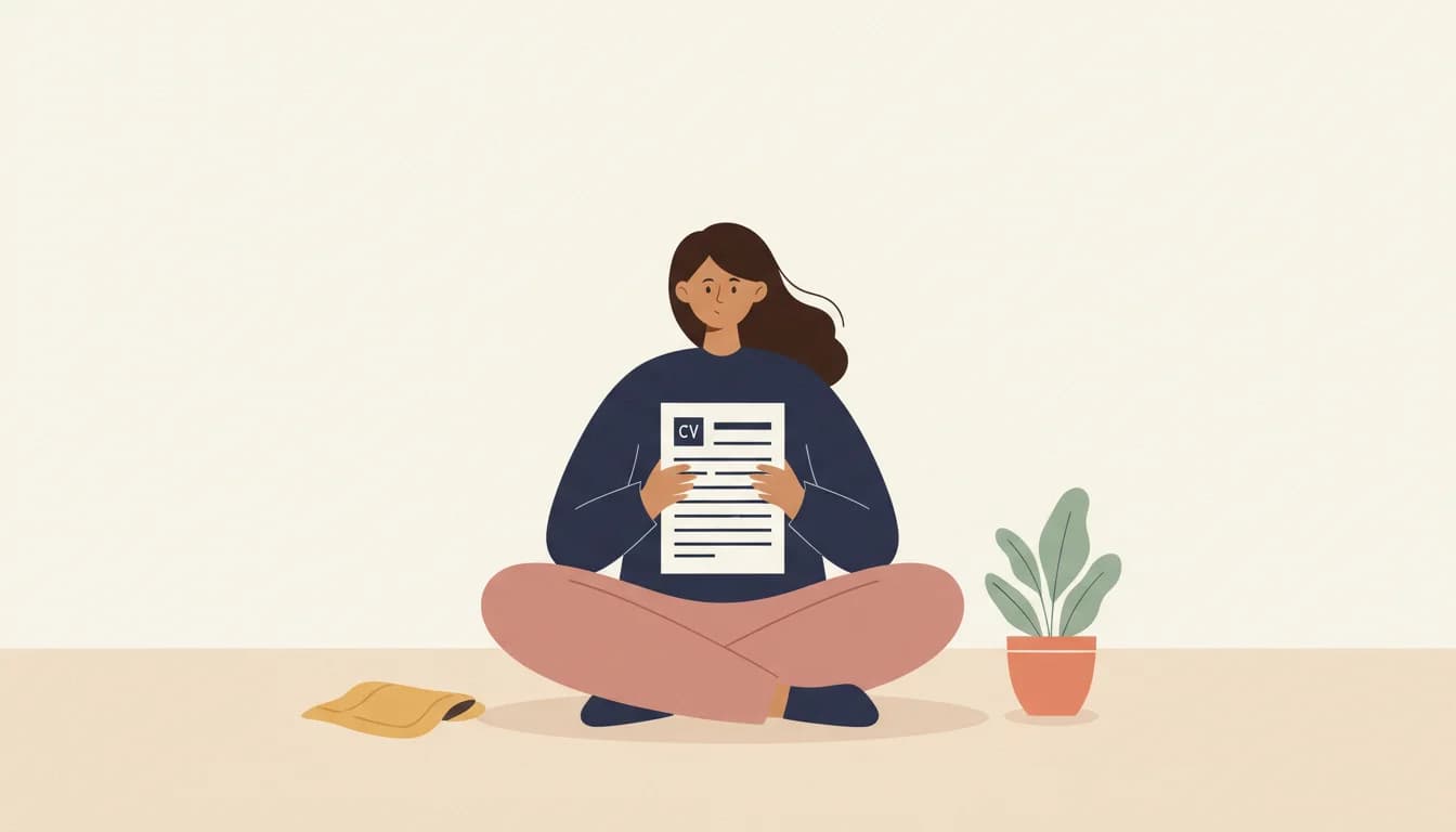 Illustration stylisée d'une personne examinant calmement un CV d'une seule page posé sur ses genoux