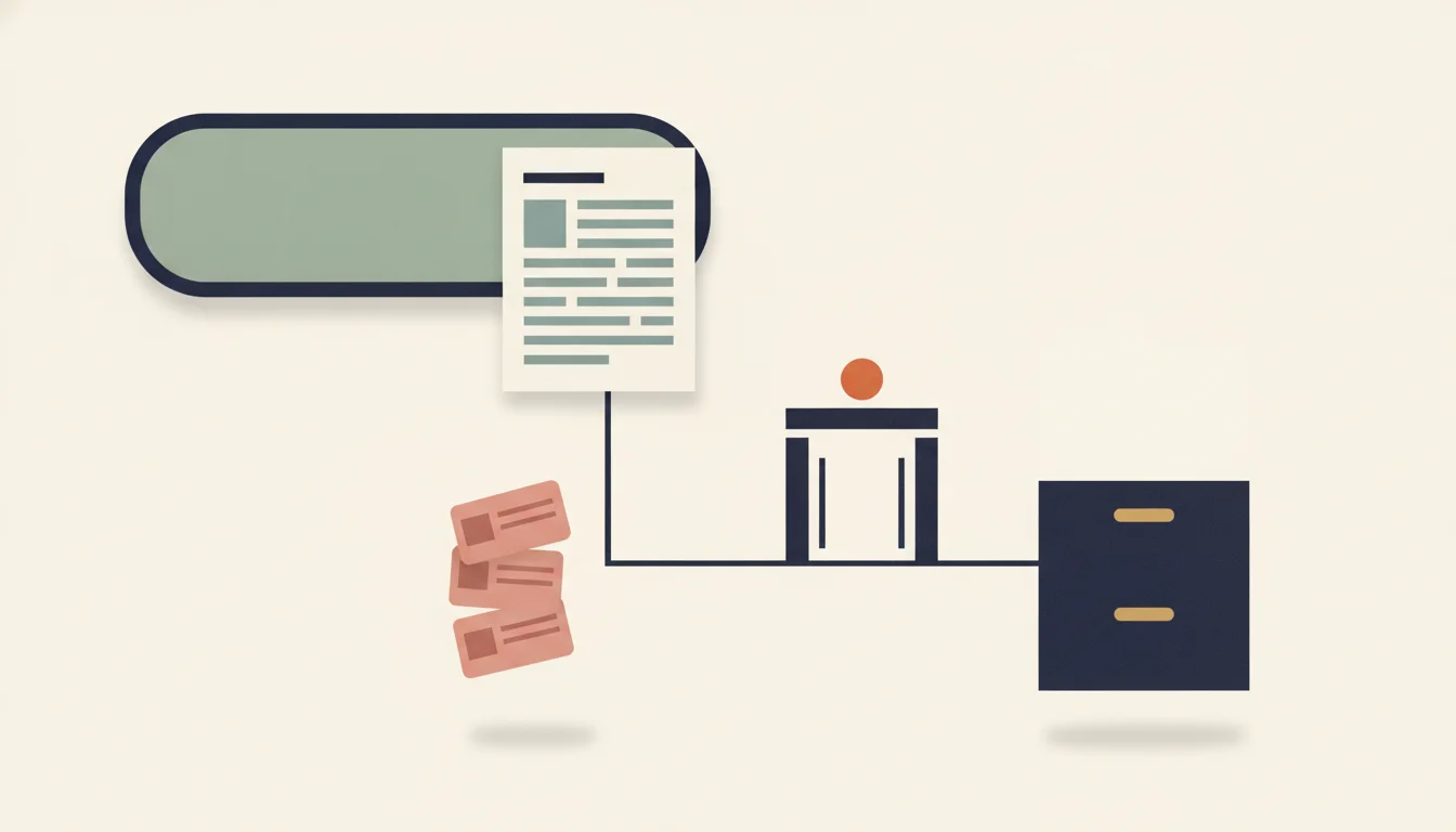 A resume page beside a large rounded button, with a line running from the page through a small gate topped by an orange dot to a navy filing cabinet; a small stack of applicant cards sits to the left