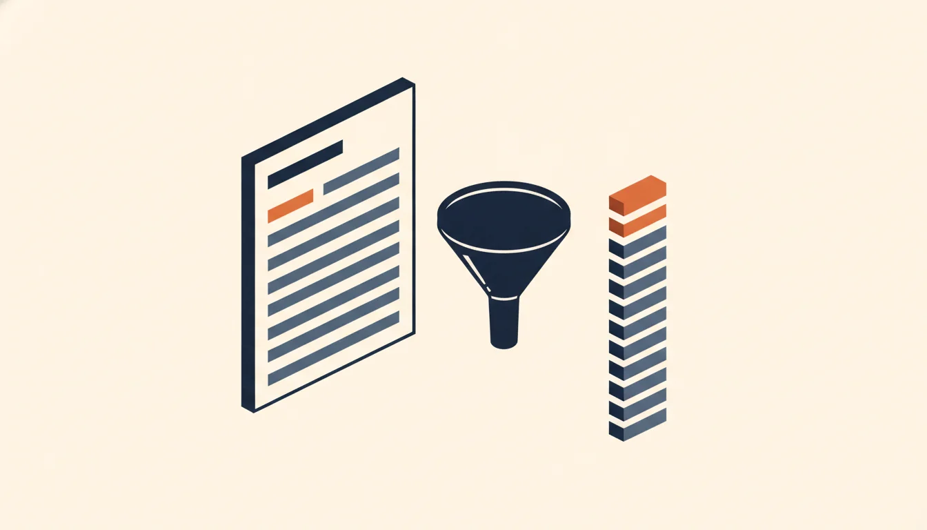 A resume page beside a funnel and a single stack of bars, with the orange block from the middle of the page now sitting at the top of the stack