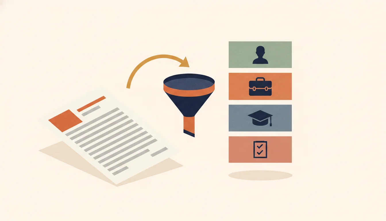 Diagrama de cómo un ATS extrae texto de un CV: documento original, flujo de extracción, campos estructurados de salida