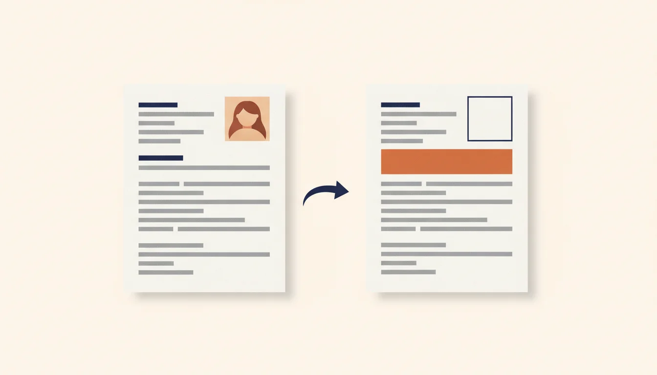 Dos páginas de currículum sobre una mesa: una con cuadro de foto y datos personales y otra con esos campos sustituidos por una franja naranja