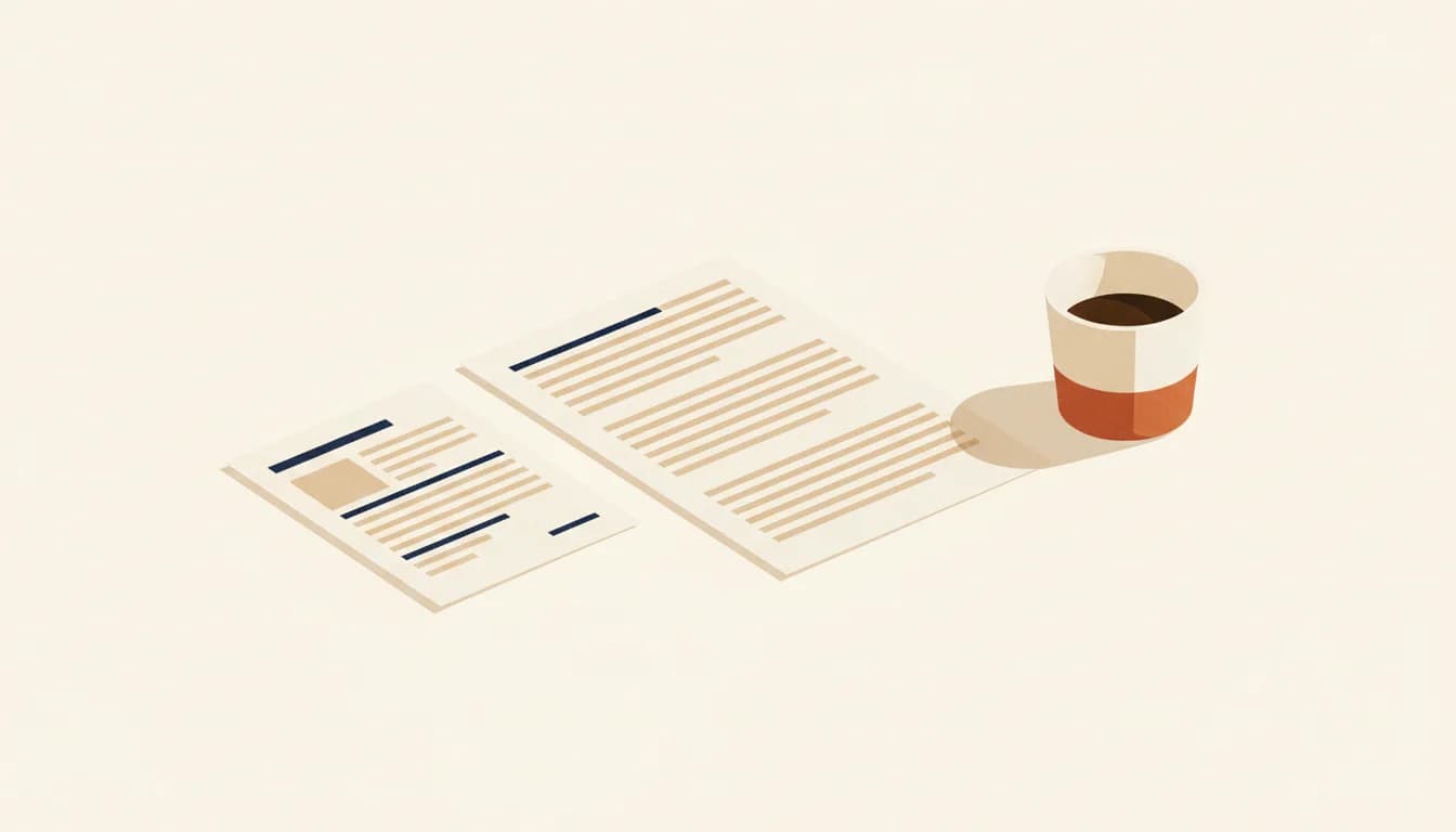 Mesa de trabajo con una carta de presentación en A4 junto a un CV impreso y una taza de café