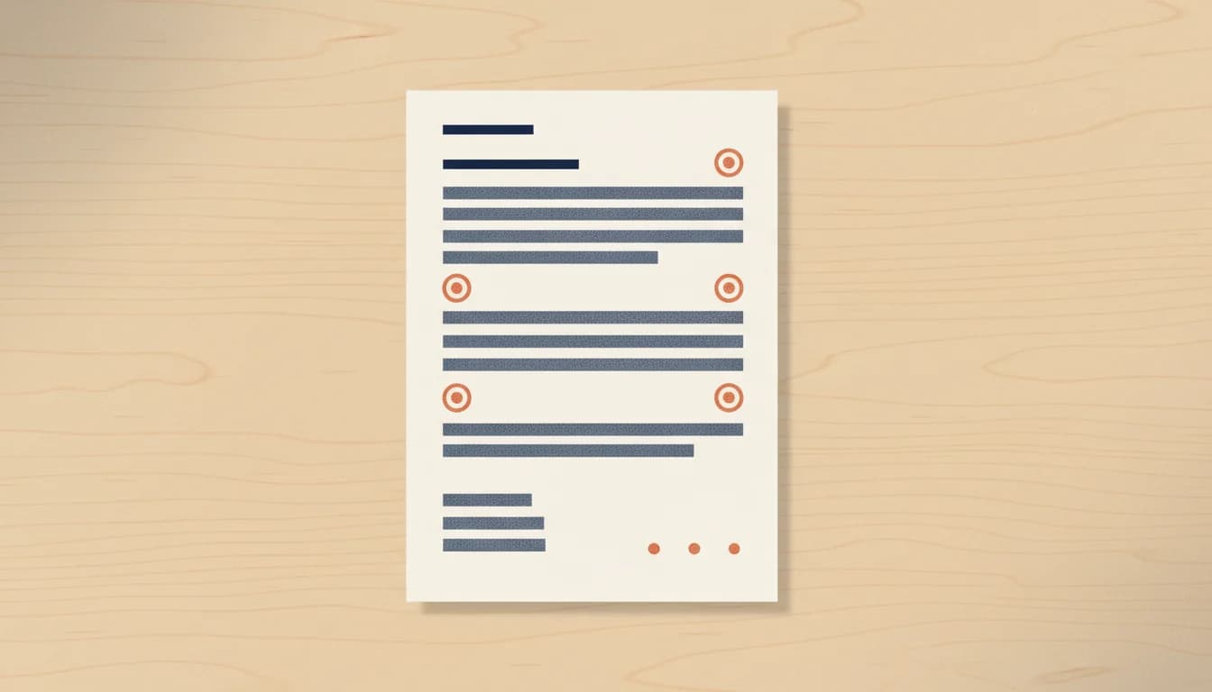 Currículum impreso sobre una mesa con varias secciones marcadas con círculos en color naranja indicando posibles errores