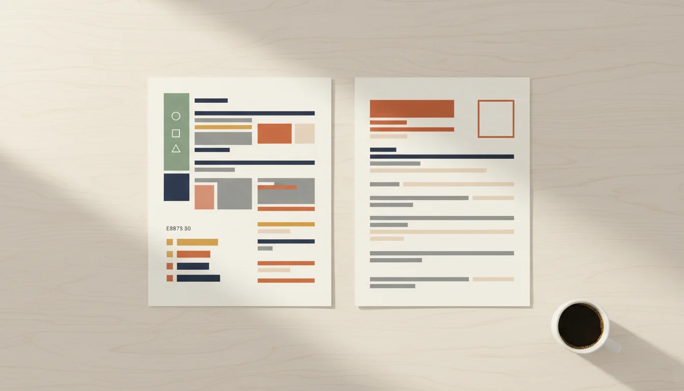 Kaksi CV-sivua pöydällä vierekkäin — vasemmalla tiheä kaksisarakkeinen värikäs malli, oikealla selkeä yksisarakkeinen malli runsailla valkoisilla väleillä