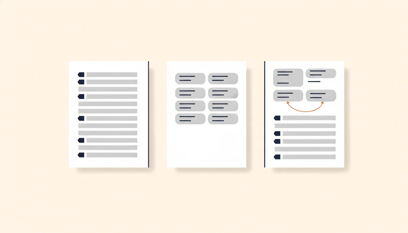 Kolme CV-sivua rinnakkain: vasemmalla merkityt rivit allekkain, keskellä kahdeksan pyöristettyä laatikkoa ilman rivejä, oikealla laatikot ylhäällä ja merkityt rivit alla, kahden laatikon välillä oranssi kaari