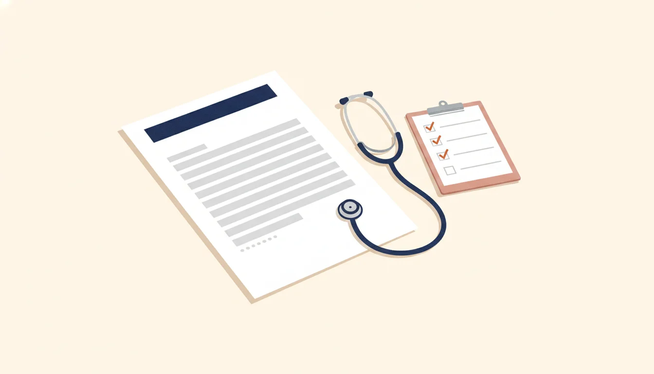 Une page de CV en une seule colonne posée à côté d'un stéthoscope et d'un porte-bloc à cases cochées, avec une coche orange