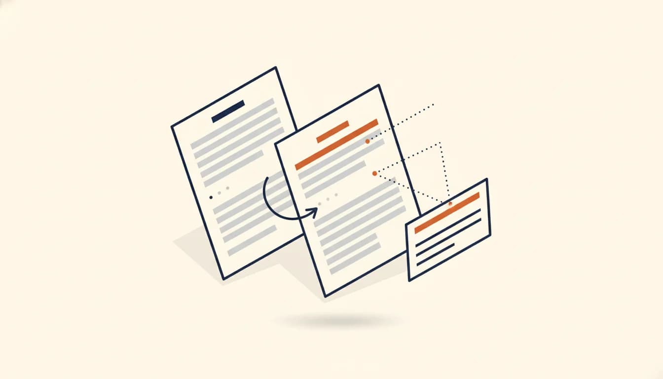 Deux pages de CV côte à côte vues de haut, reliées par une flèche ; sur la page de droite, les blocs de rubrique sont surlignés en orange et alimentent une fiche de formulaire