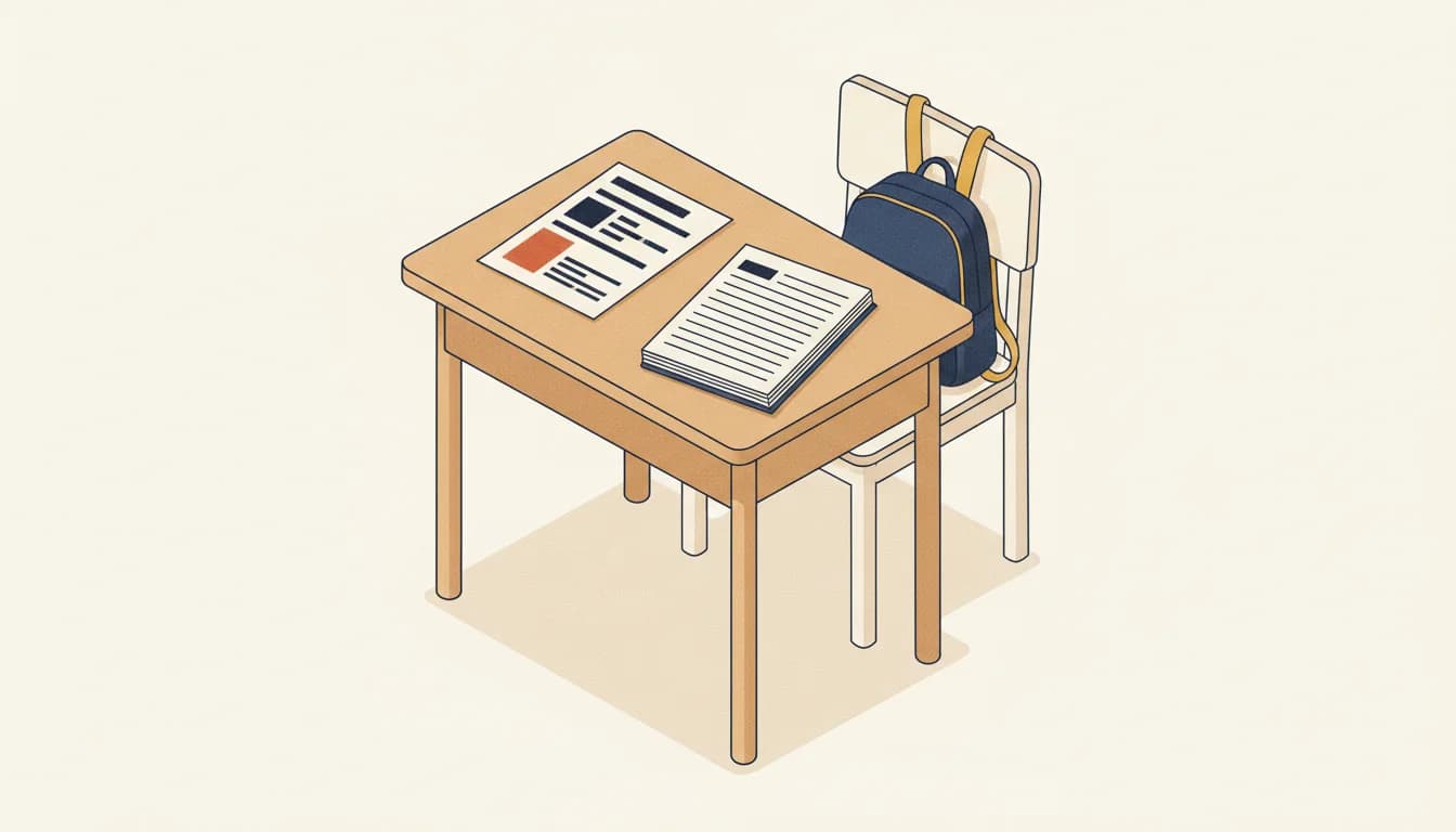 Bureau étudiant avec un CV imprimé d'une page, un sac à dos posé sur la chaise et un cahier ouvert