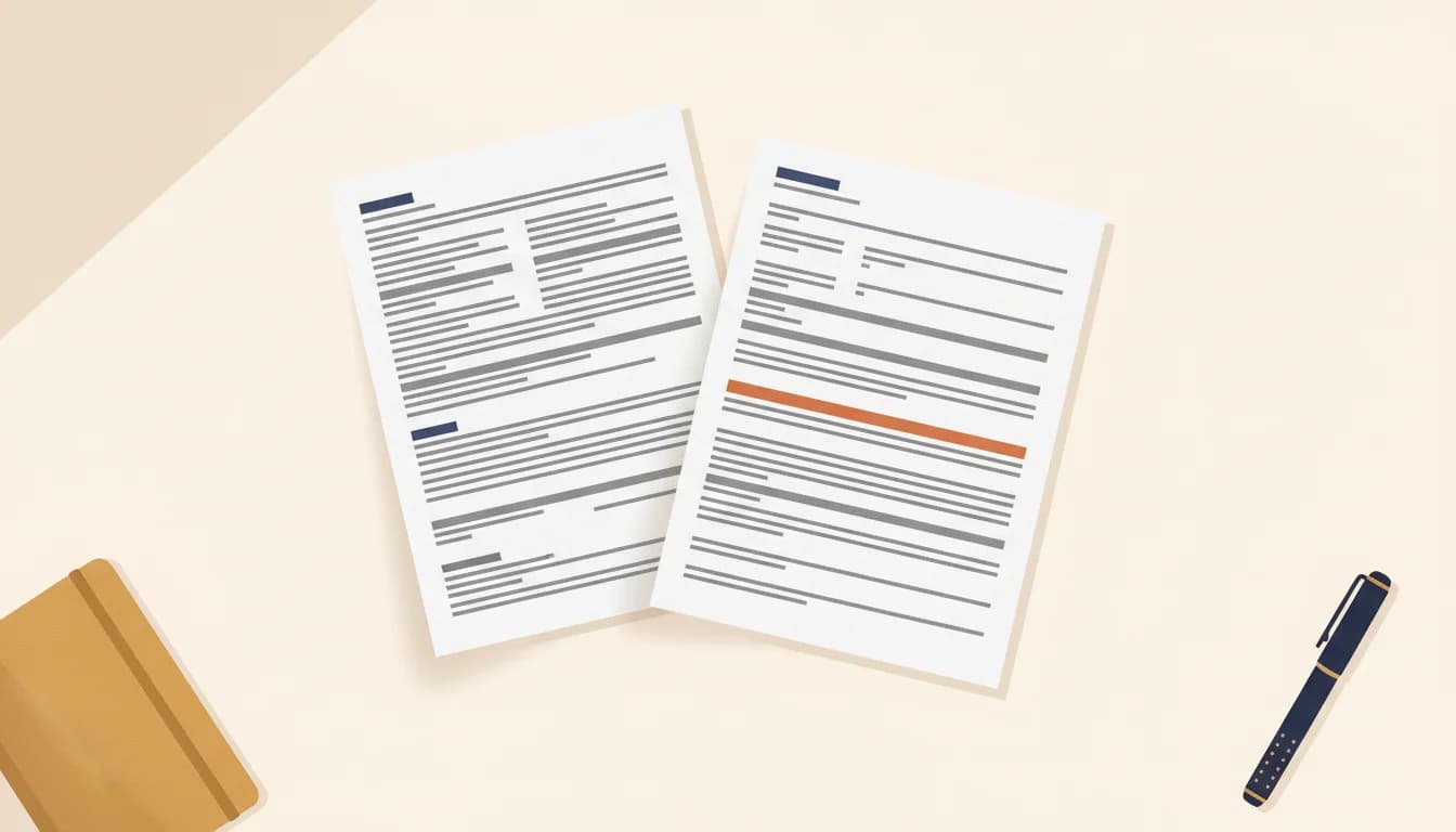 Deux pages de CV français posées côte à côte sur un bureau, l'une dense sur deux pages et l'autre aérée sur une seule page