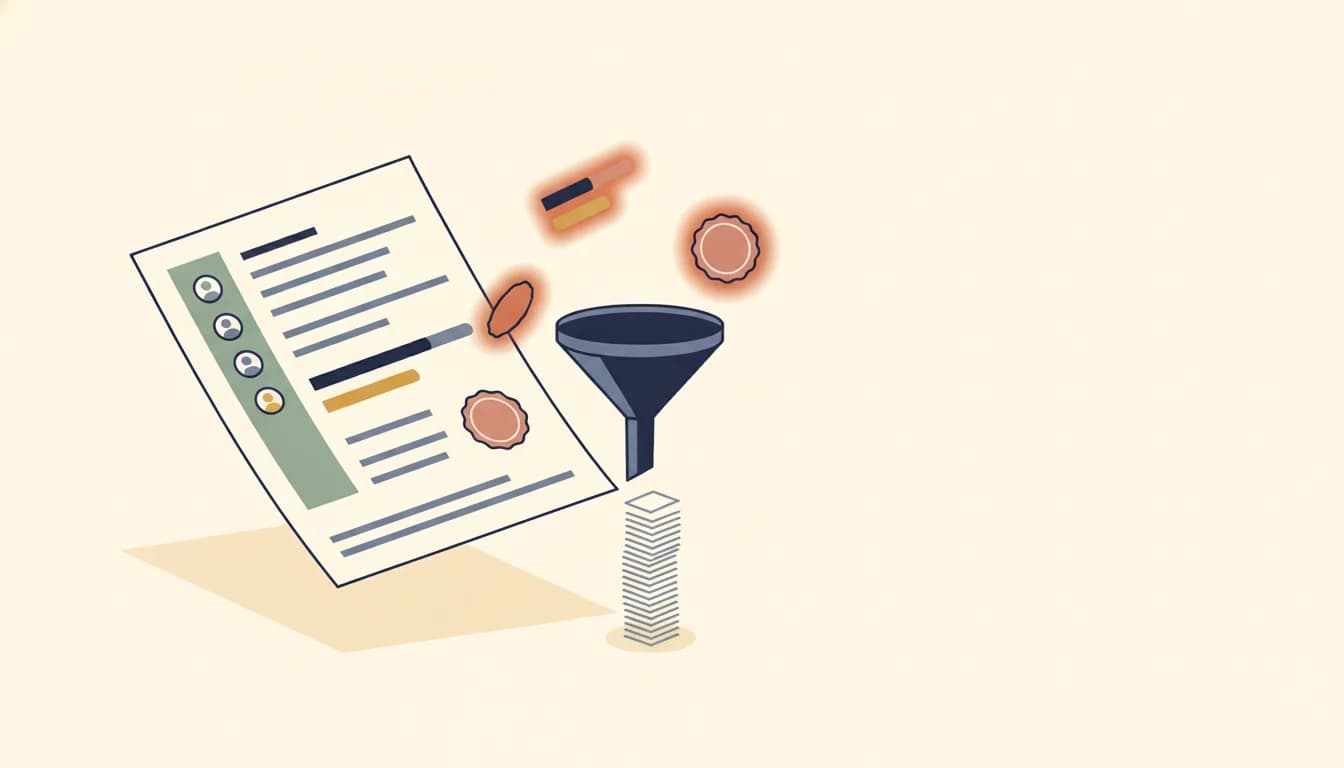 Une page de CV colorée, avec colonne latérale, jauges et pastille ronde, à côté d'un entonnoir d'où sort une pile de feuilles grises, tandis que des jauges et des pastilles orange restent en suspens au-dessus