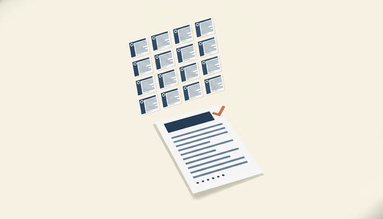 Une grille de petites pages de CV à barre latérale bleu foncé et, au premier plan, une page en une seule colonne marquée d'une coche orange