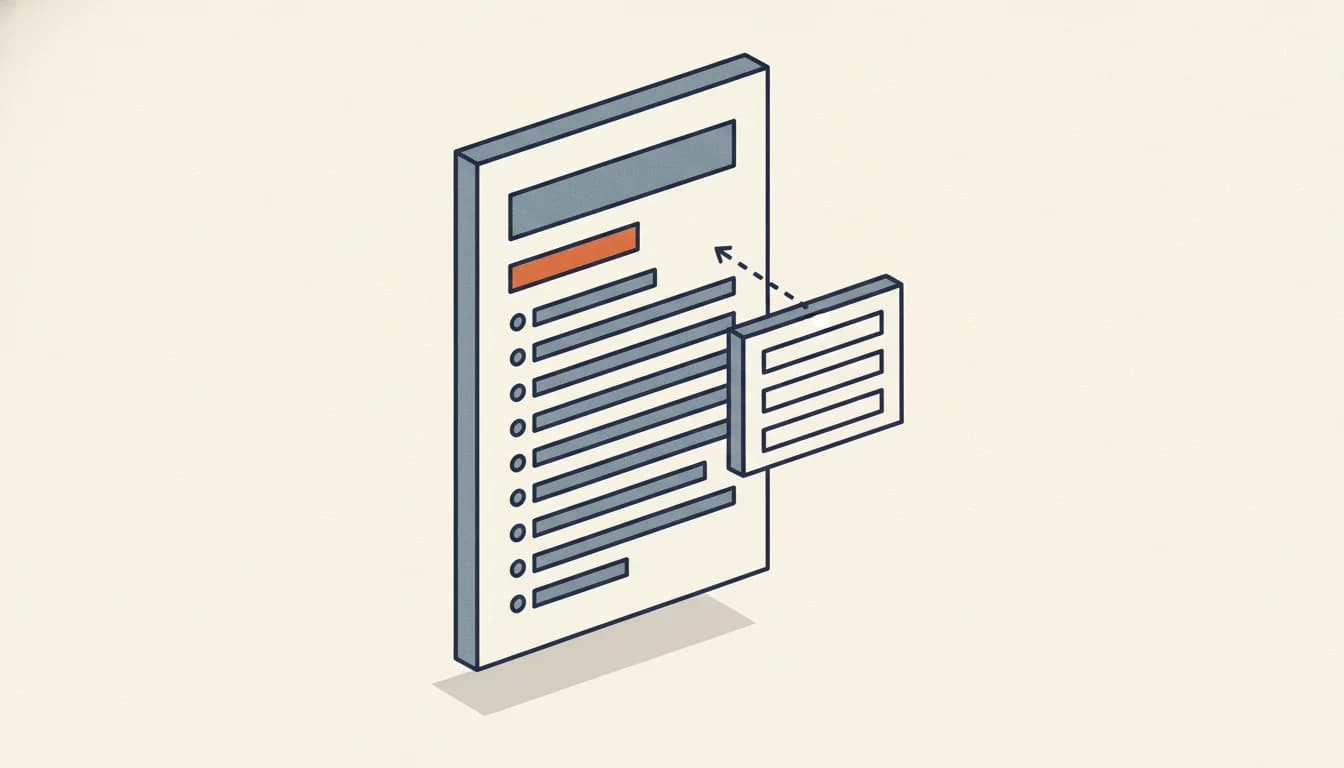 Une page de CV vue de haut dont la deuxième ligne, sous le nom, est surlignée en orange ; une flèche pointillée relie cette ligne à une fiche de formulaire à côté de la page