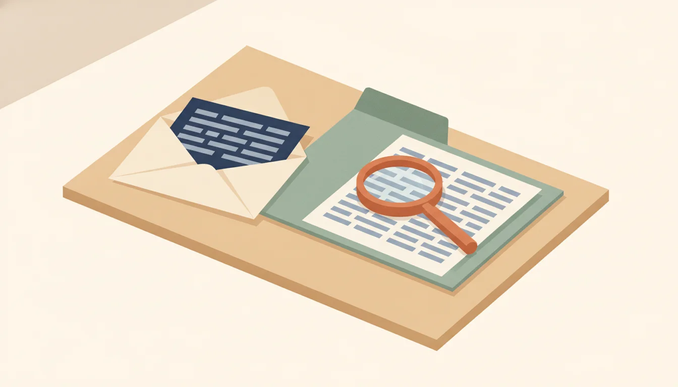 Een geopende envelop op een bureau, waarnaast een dunne map openvalt met grijze tekstblokken; een oranje vergrootglas ligt op een van de blokken