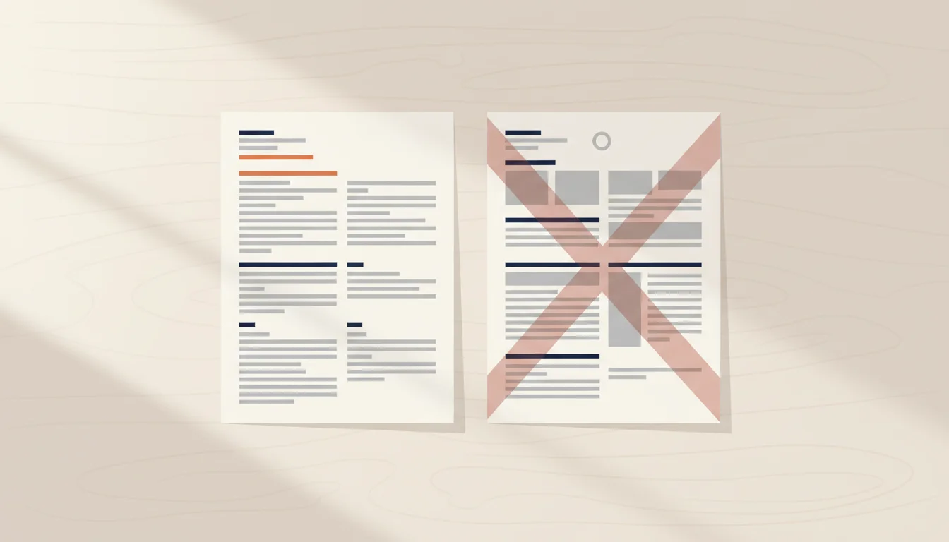 Twee cv-pagina's naast elkaar op een bureau: links een eenkoloms ontwerp met duidelijke sectiekoppen, rechts een tweekoloms ontwerp met tekstvakken