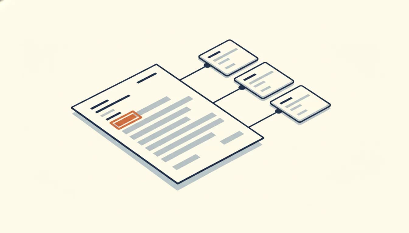 Een cv-pagina in één kolom waarop bovenaan een kort tekstblok oranje is gemarkeerd; vanaf de pagina lopen dunne lijnen naar drie kleine kaartjes ernaast