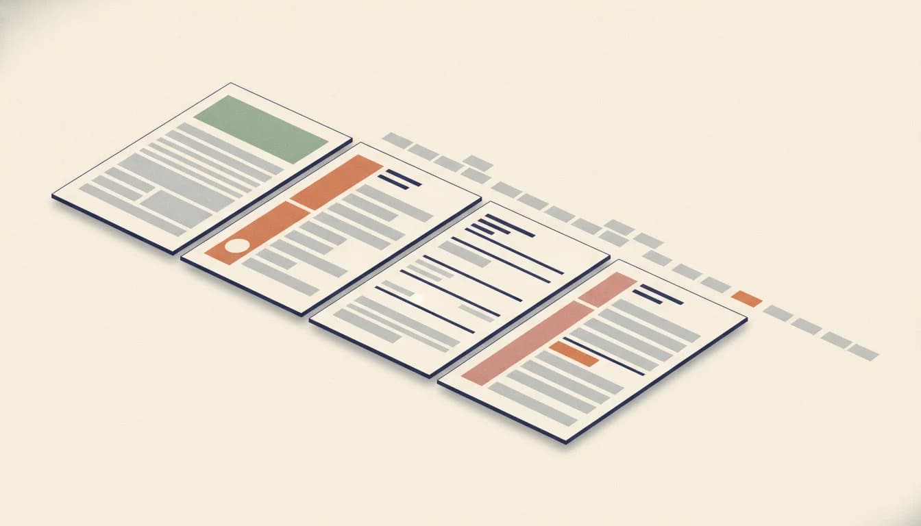 Vier A4-cv-pagina's met verschillende opmaak naast elkaar, één met een zijbalk; uit elke pagina loopt een strook tekstblokjes naar rechts, en alleen de strook van de derde pagina blijft netjes op volgorde, met een oranje markering