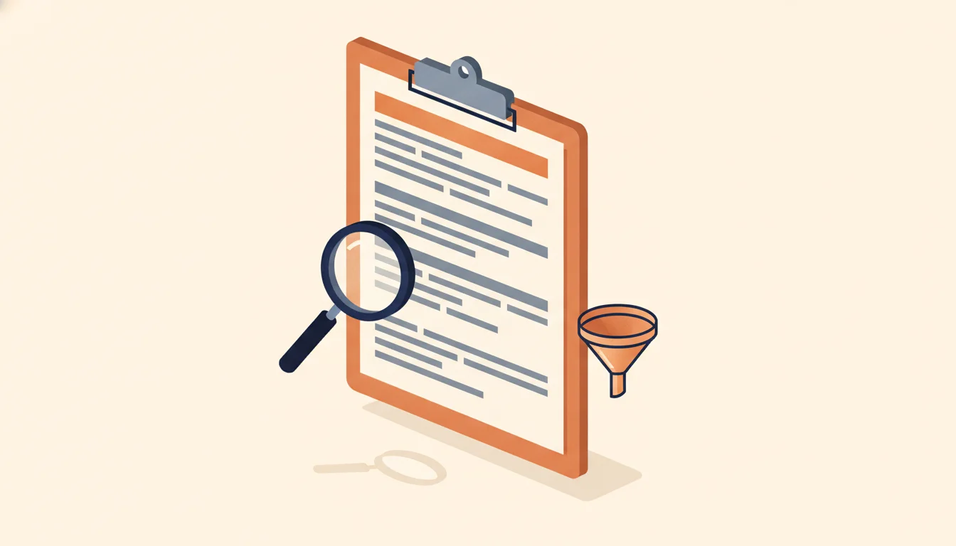 Een cv-pagina in één kolom op een klembord, met naast elkaar een vergrootglas en een kleine trechter die beide op de pagina gericht zijn; één regel bovenaan de pagina is oranje gemarkeerd