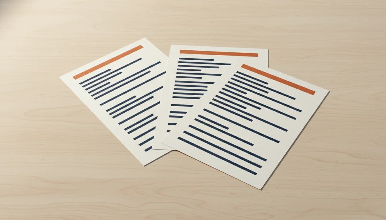 Drie motivatiebrieven naast elkaar op een houten bureau, elk met andere accentkleur