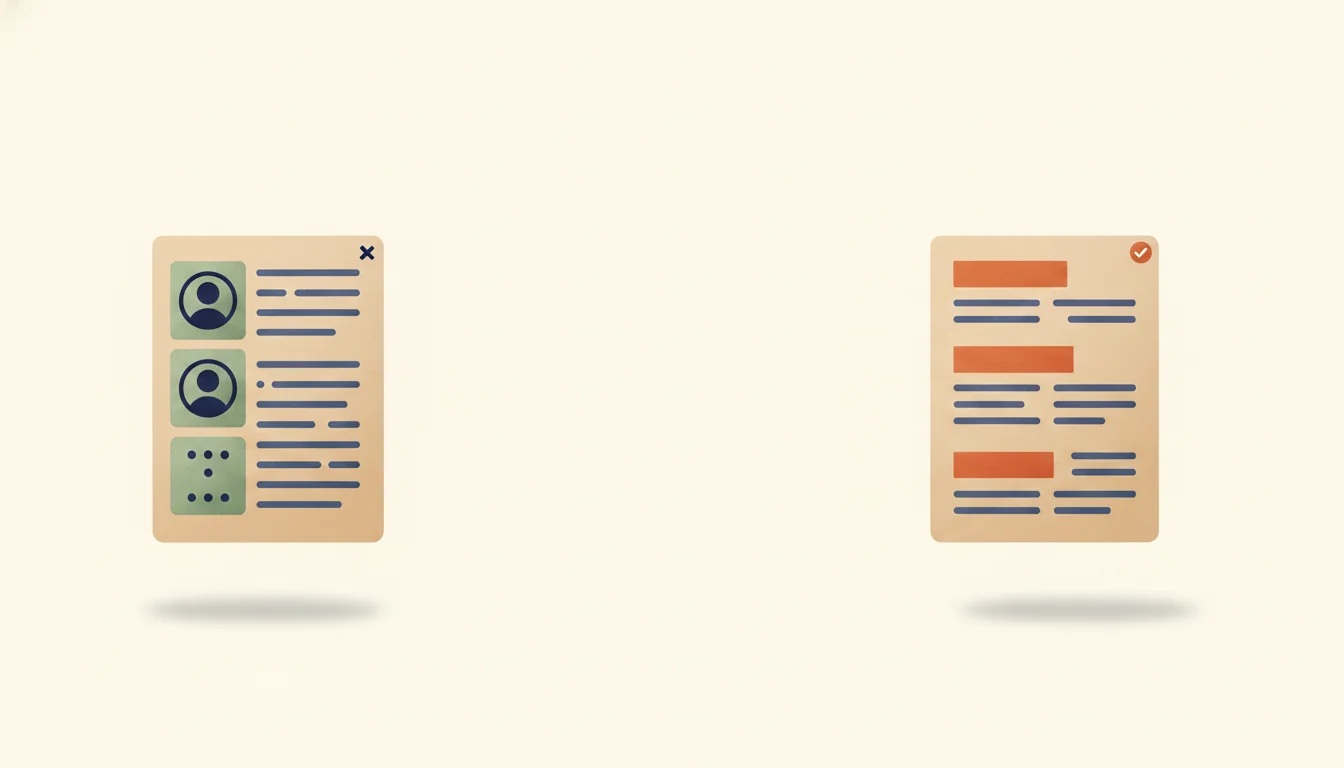 Två CV-layouter sida vid sida — en tvåspaltsversion markerad som problematisk och en enspaltsversion markerad som ATS-vänlig