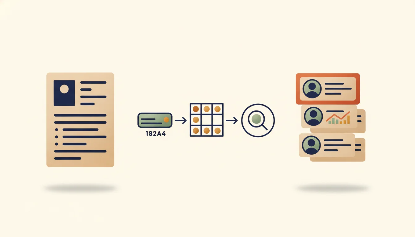 Ett CV-dokument som flödar genom tre stiliserade parsningssteg mot en rangordnad lista av kandidater