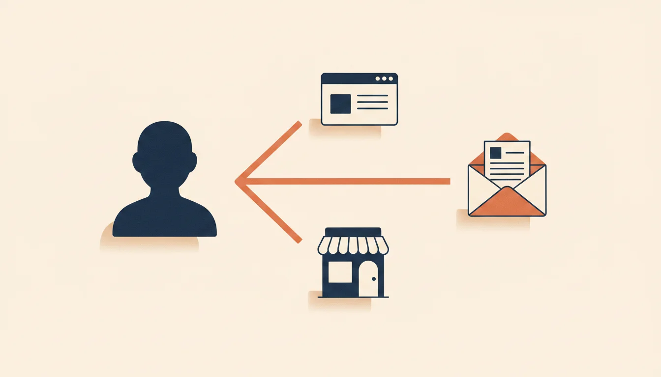 Tre stiliserade vägar som leder från en person till tre olika mottagare: en portal-ikon, ett mejlkuvert och en butiksdörr